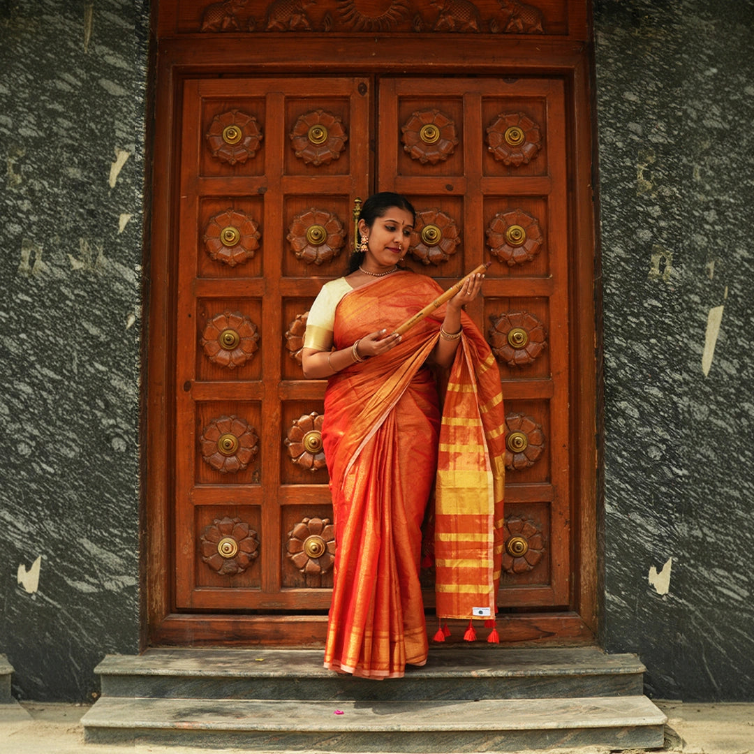 Orange Raga Tissue Saree – Indian Handcrafted Festive Wear Gift