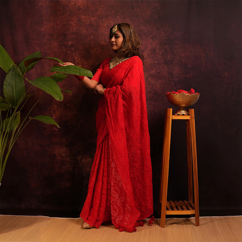 Red Chikankari Saree | Handcrafted Lucknowi Embroidery Saree