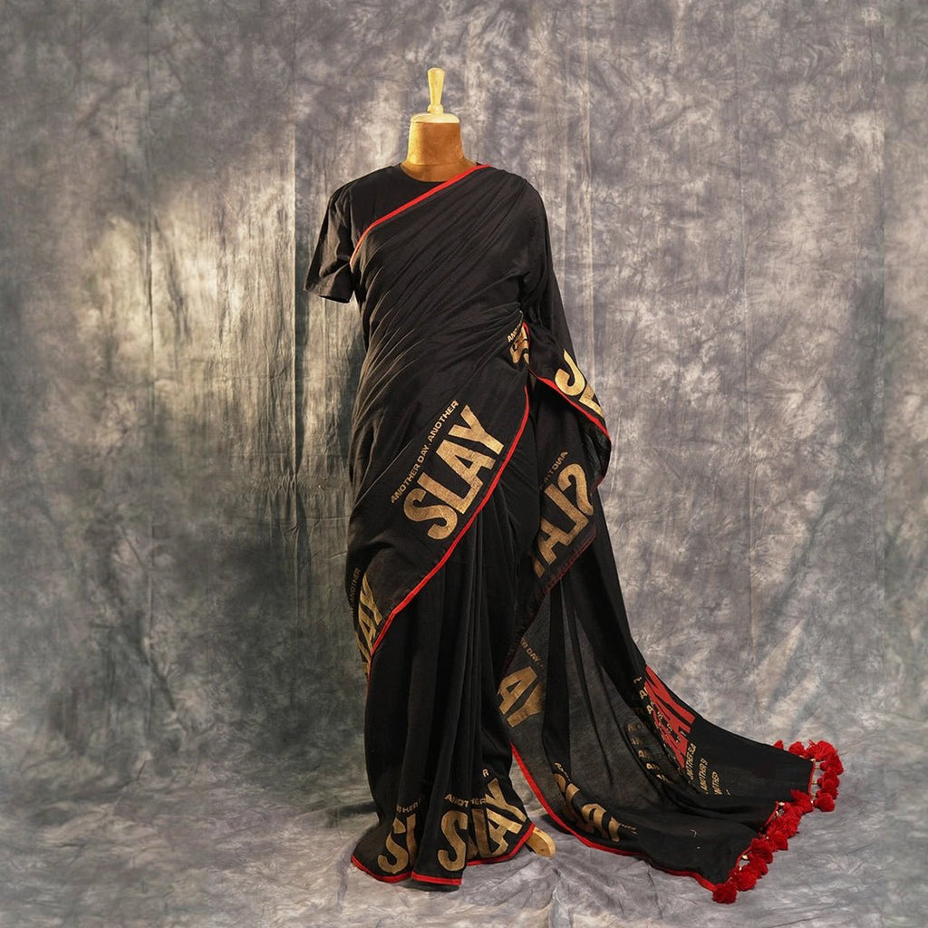 Another Day Another Slay – Black Khadi Saree with Red Piping - Kottanz Loom CoSareeKottanz Loom Co