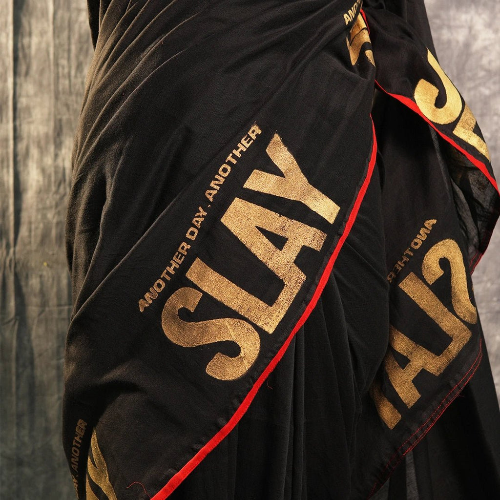 Another Day Another Slay – Black Khadi Saree with Red Piping - Kottanz Loom CoSareeKottanz Loom Co