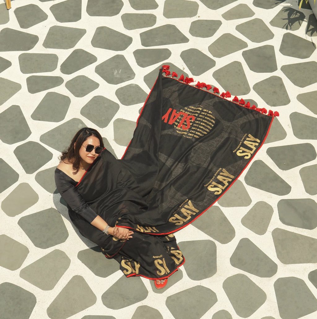 Another Day Another Slay – Black Khadi Saree with Red Piping - Kottanz Loom CoSareeKottanz Loom Co