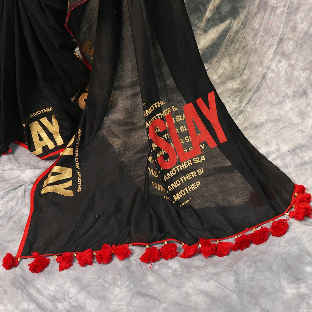 Another Day Another Slay main character black khadi saree with red piping – Kottanz Loom Co