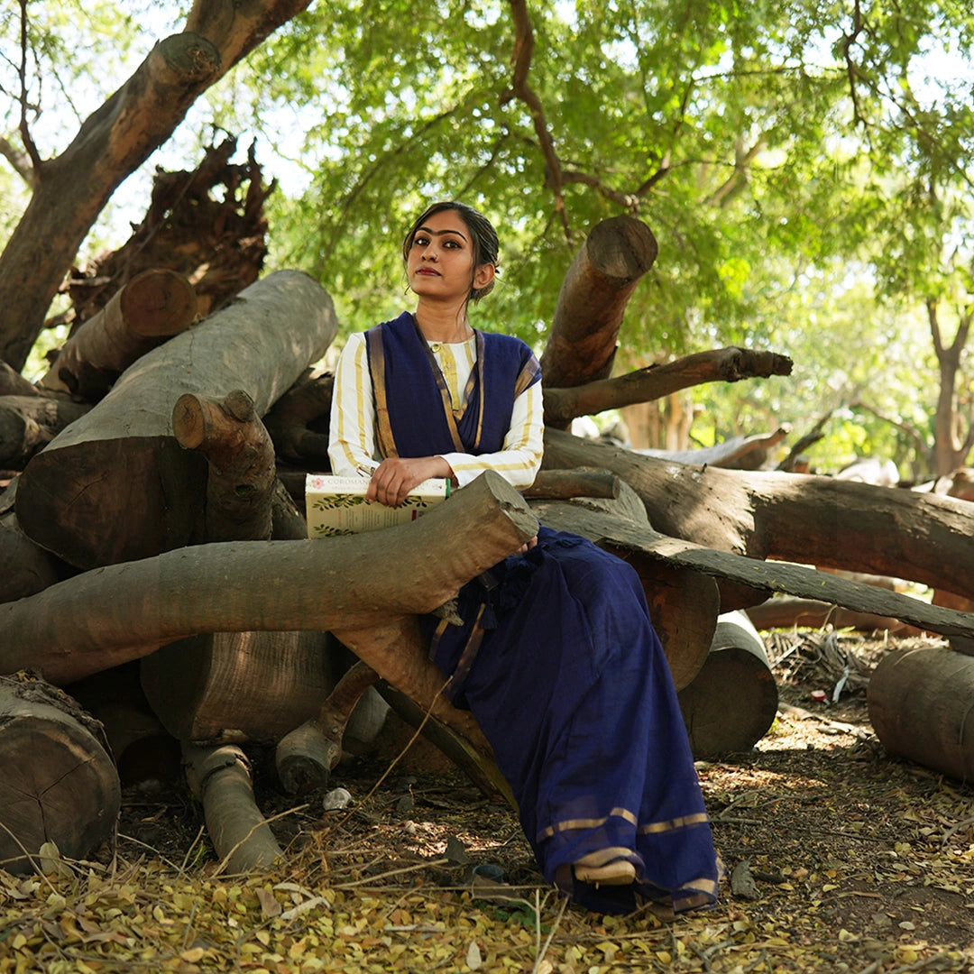 Blue Mul Cotton Saree | Handloom Soft Cotton Saree with Golden Border