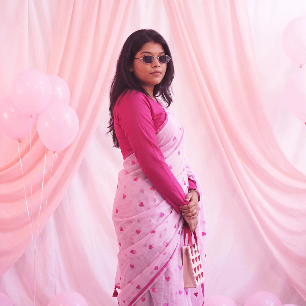 Baby Pink Heart Embroidery Saree – Soft & Elegant Party Wear - Kottanz Loom CoSareeKottanzloom