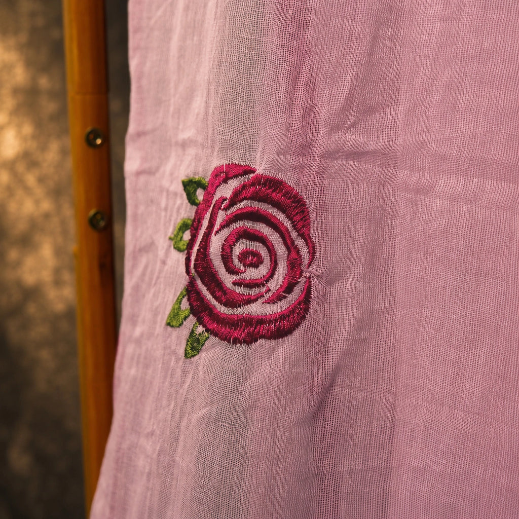 Close-up Rose Embroidery Detail on Baby Pink Saree – Sequin Festive Statement Party Wear Saree – Kottanz Loom Co