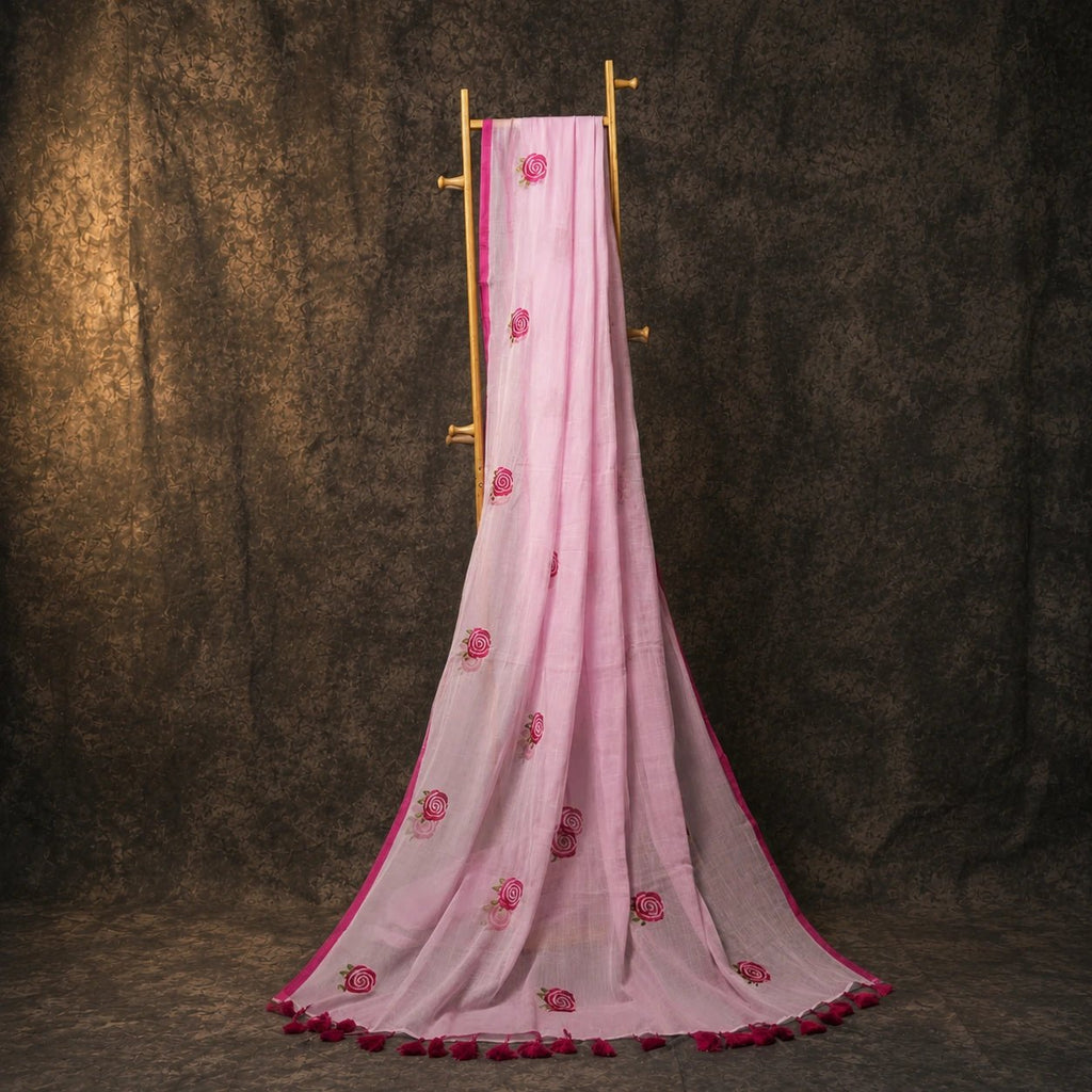 Baby Pink Rose Embroidery Saree – Elegant Festive Party Wear - Kottanz Loom CoSareeKottanzloom