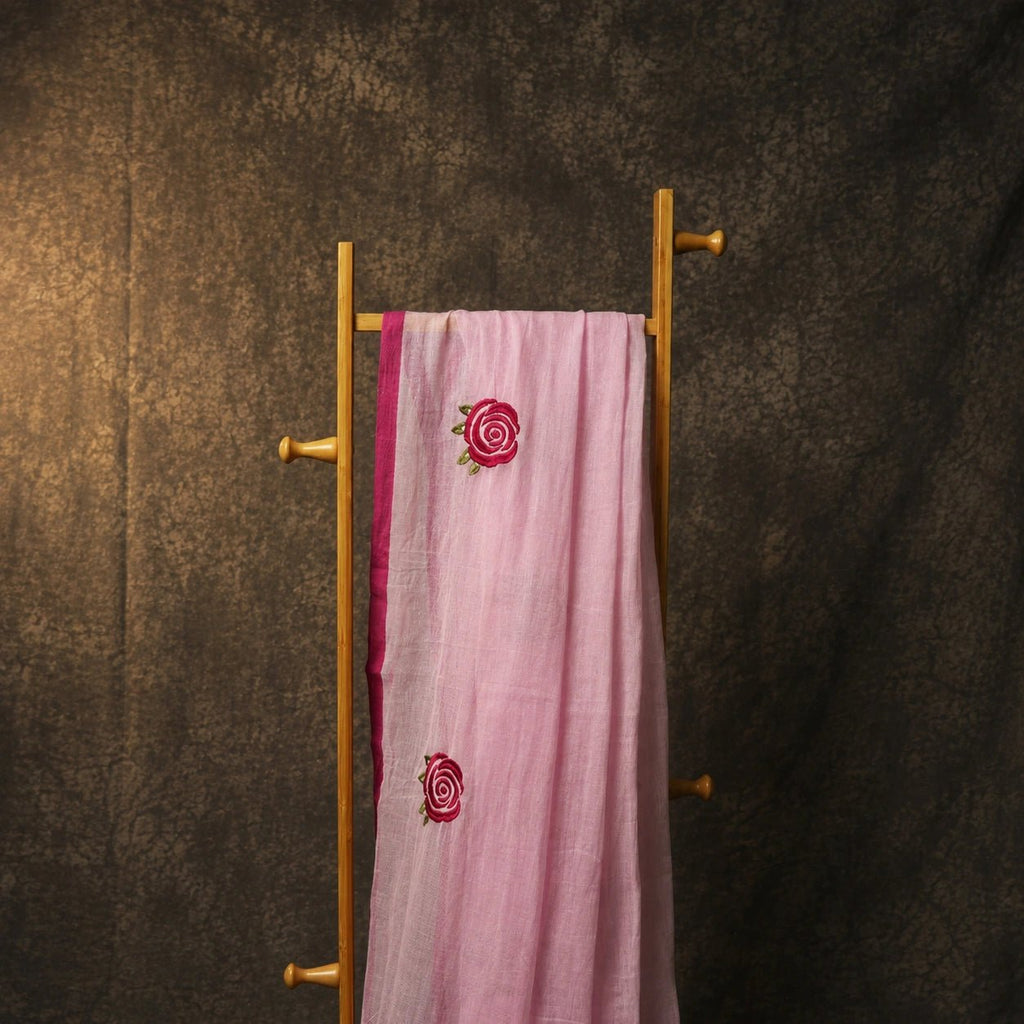 Baby Pink Rose Embroidery Saree – Elegant Festive Party Wear - Kottanz Loom CoSareeKottanzloom