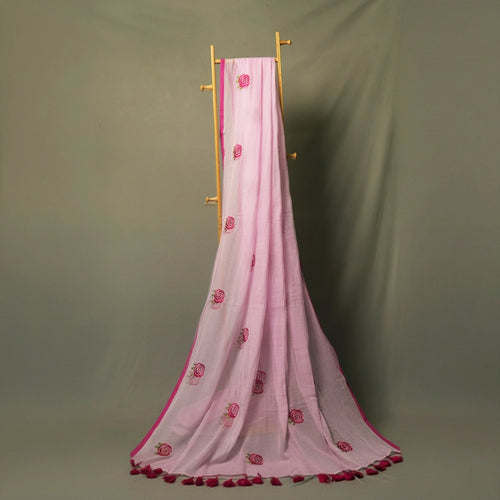 Baby Pink Rose Embroidery Saree on Hanger – Wedding Guest Modern Traditional Statement Festive Saree – Kottanz Loom Co