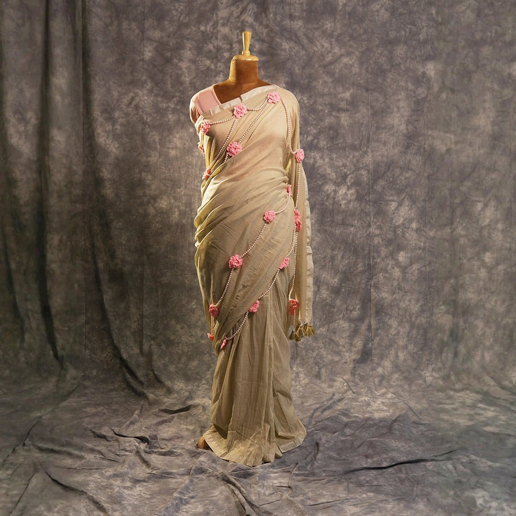 Beige Saree with Crochet Flowers Pearls | Handcrafted Bridal Saree - Kottanz Loom CoSareeKottanz Loom Co