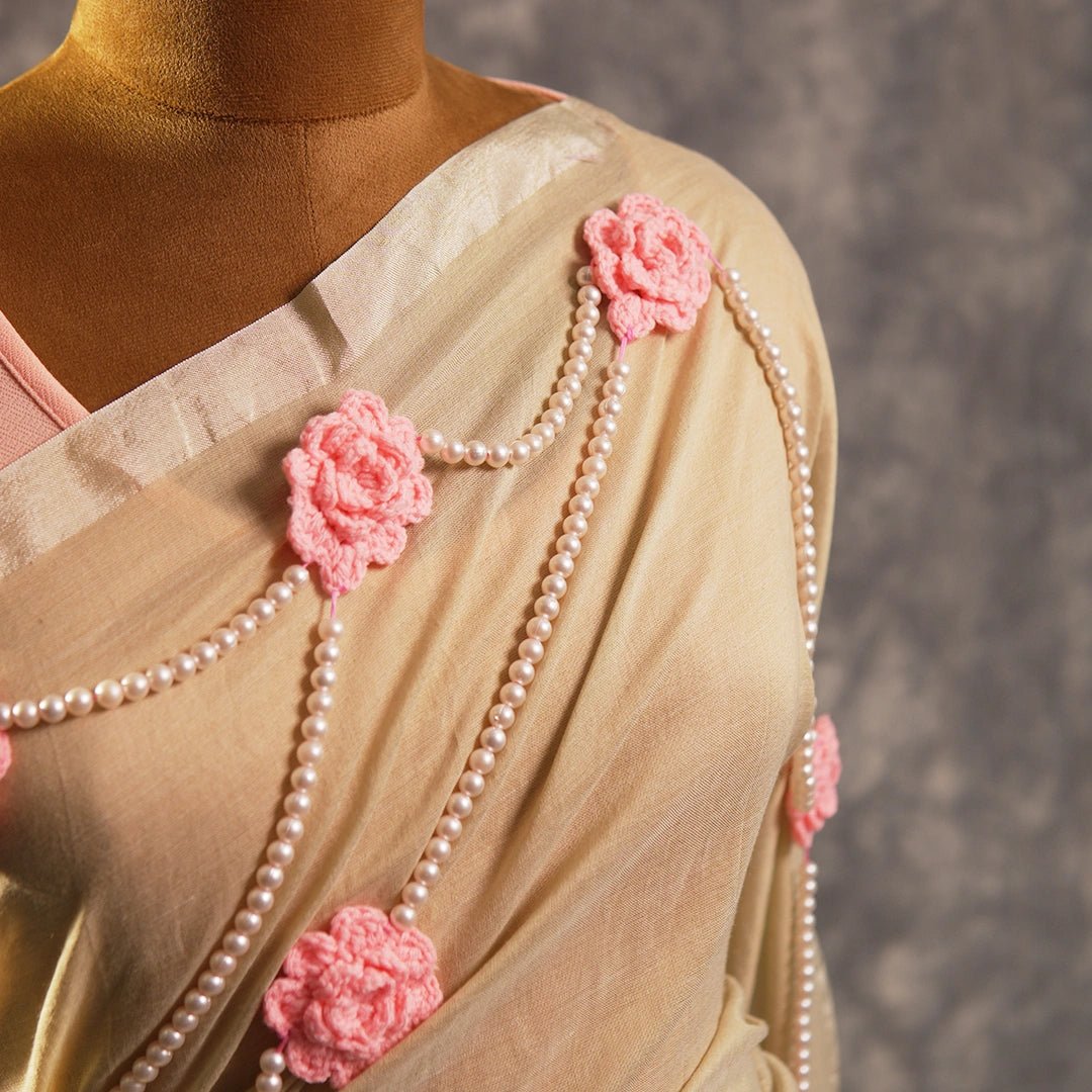 Beige Saree with Crochet Flowers Pearls | Handcrafted Bridal Saree - Kottanz Loom CoSareeKottanz Loom Co