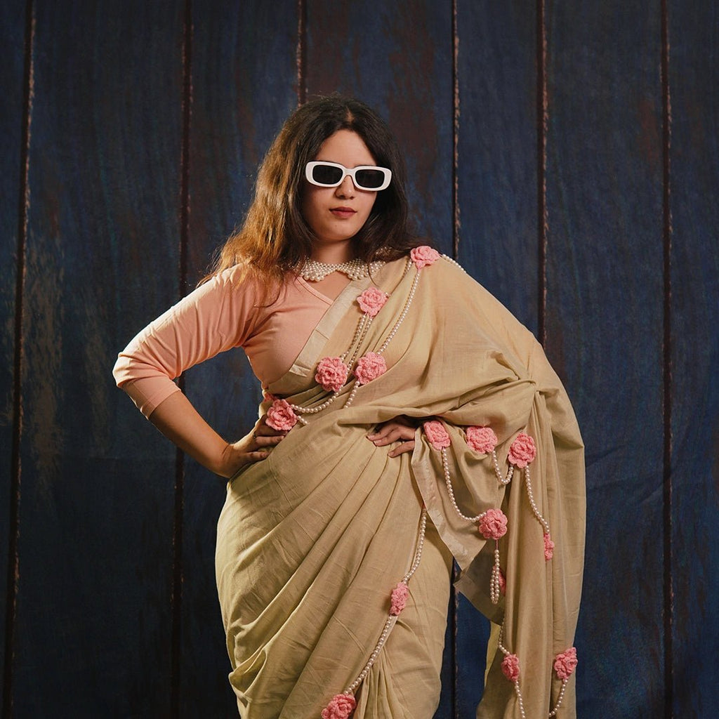 Beige Saree with Crochet Flowers Pearls | Handcrafted Bridal Saree - Kottanz Loom CoSareeKottanz Loom Co