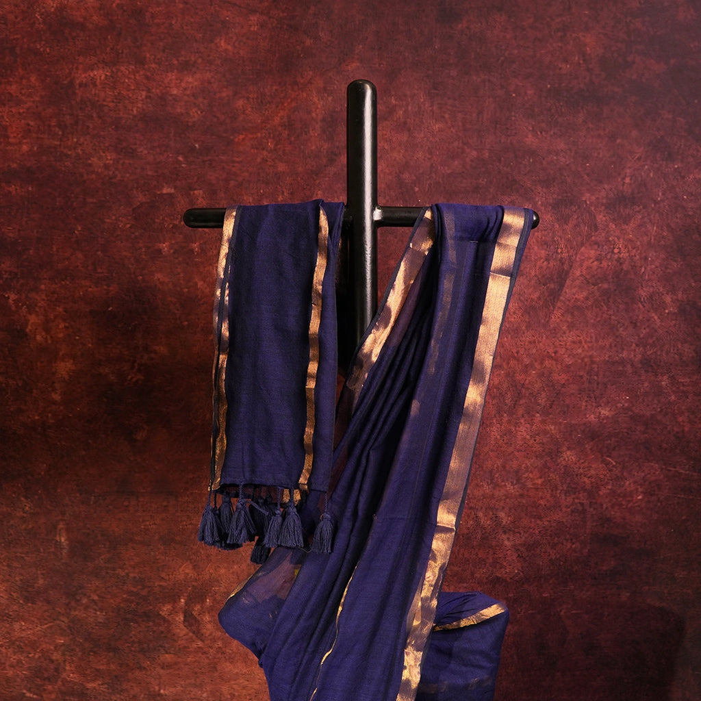 Blue Mul Cotton Saree | Handloom Soft Cotton Saree with Golden Border