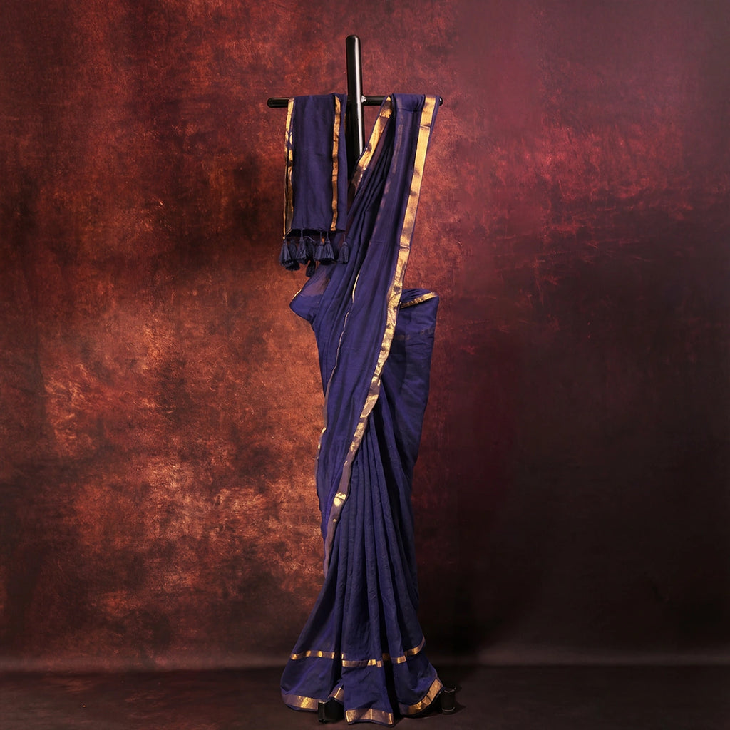 Blue Mul Cotton Saree | Handloom Soft Cotton Saree with Golden Border