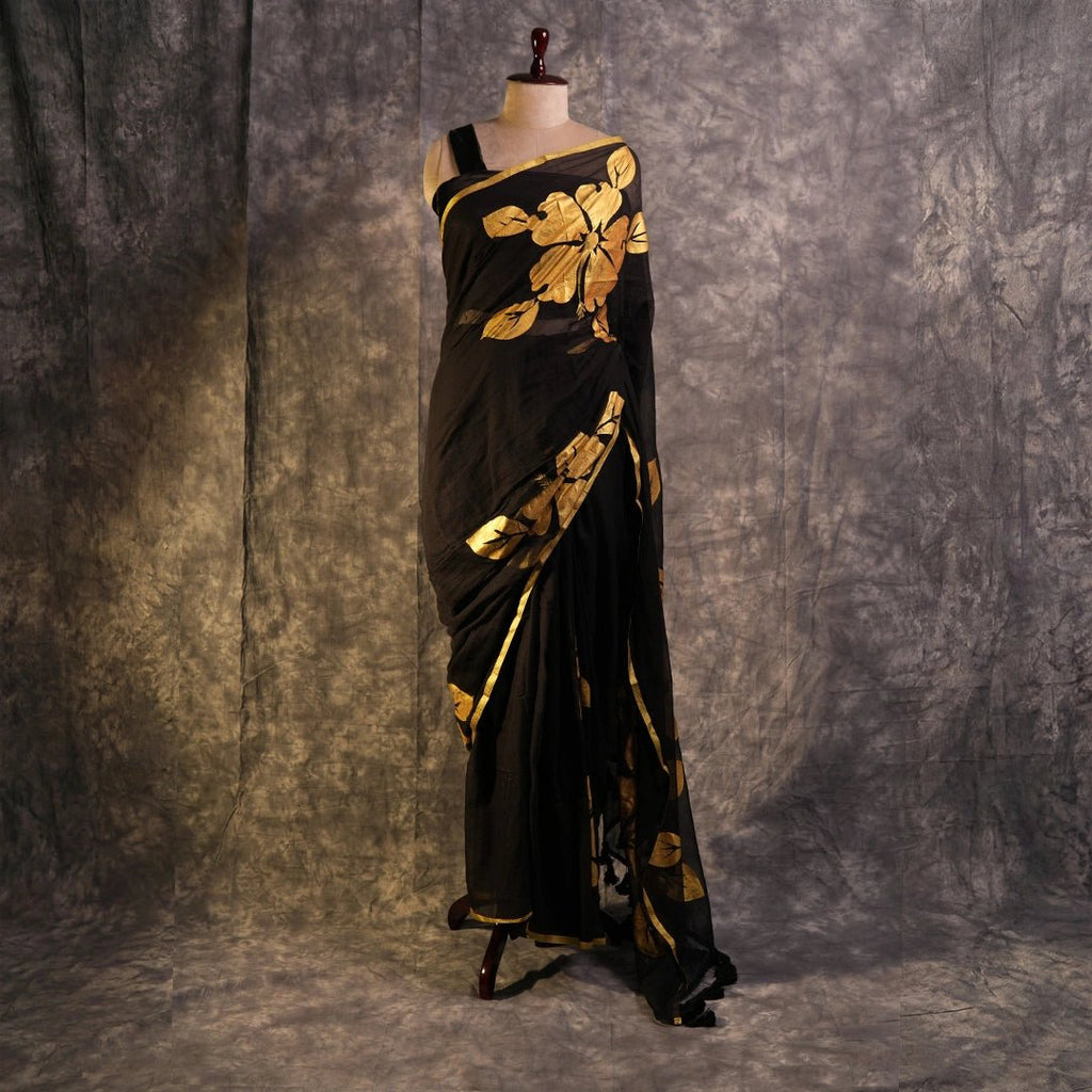Black Golden Floral Saree | Designer Hand-Painted Botanical Saree - Kottanz Loom CoSareeKottanz Loom Co