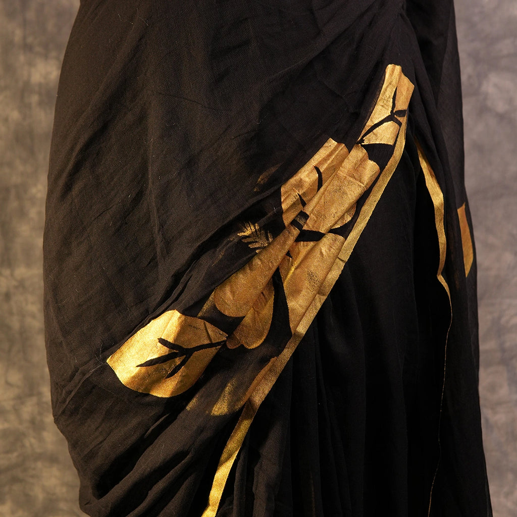 Black golden floral main character saree – botanical designer saree – Kottanz Loom Co