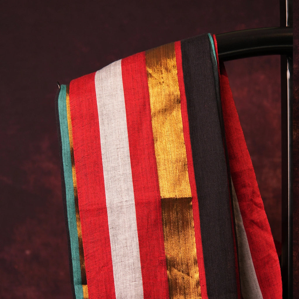 Black striped cotton saree vibrant border handcrafted