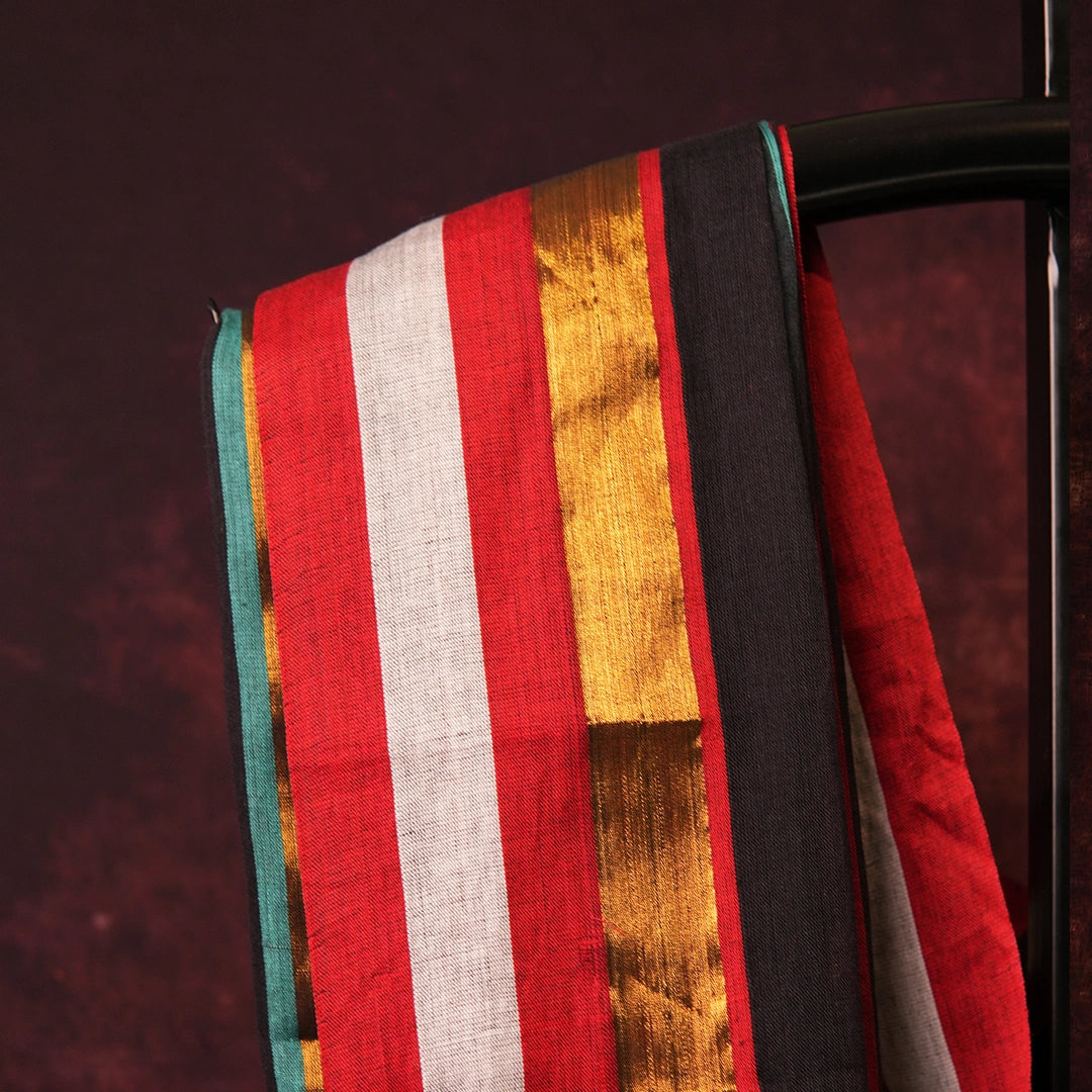 Black striped cotton saree vibrant border handcrafted