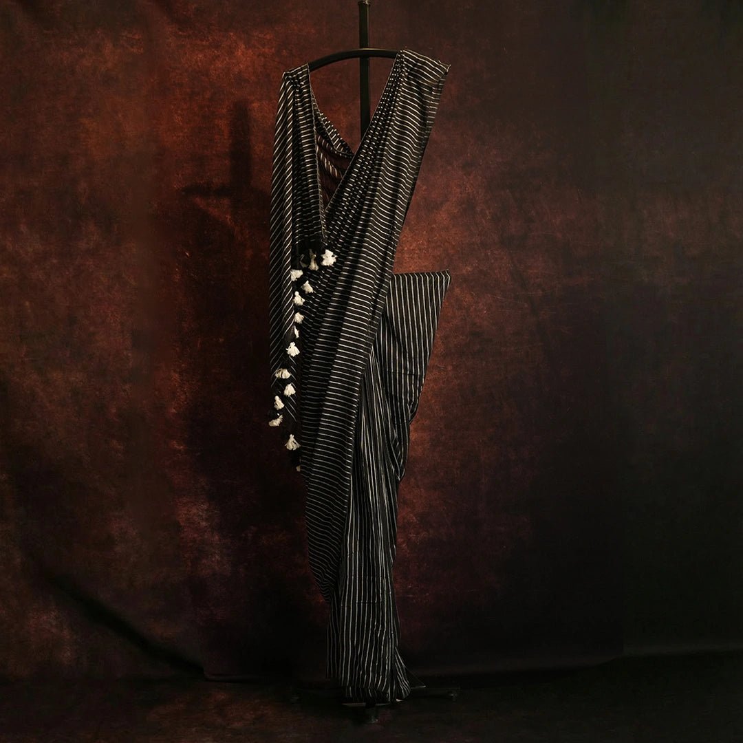 Black Striped Mul Cotton Saree | Handwoven Elegant Indian Saree - Kottanz Loom CoSareeKottanz Loom Co