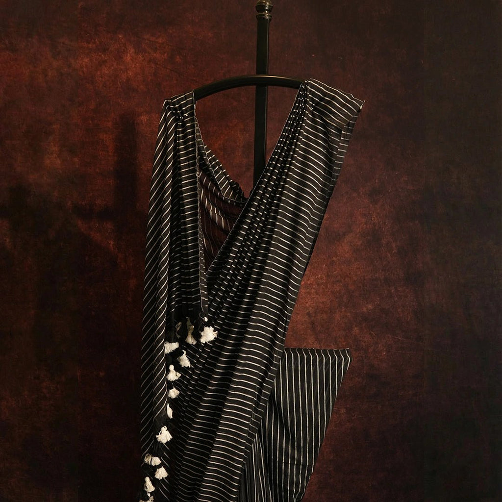 Black Striped Mul Cotton Saree | Handwoven Elegant Indian Saree - Kottanz Loom CoSareeKottanz Loom Co