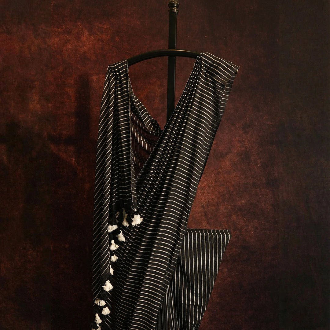 Black Striped Mul Cotton Saree | Handwoven Elegant Indian Saree - Kottanz Loom CoSareeKottanz Loom Co
