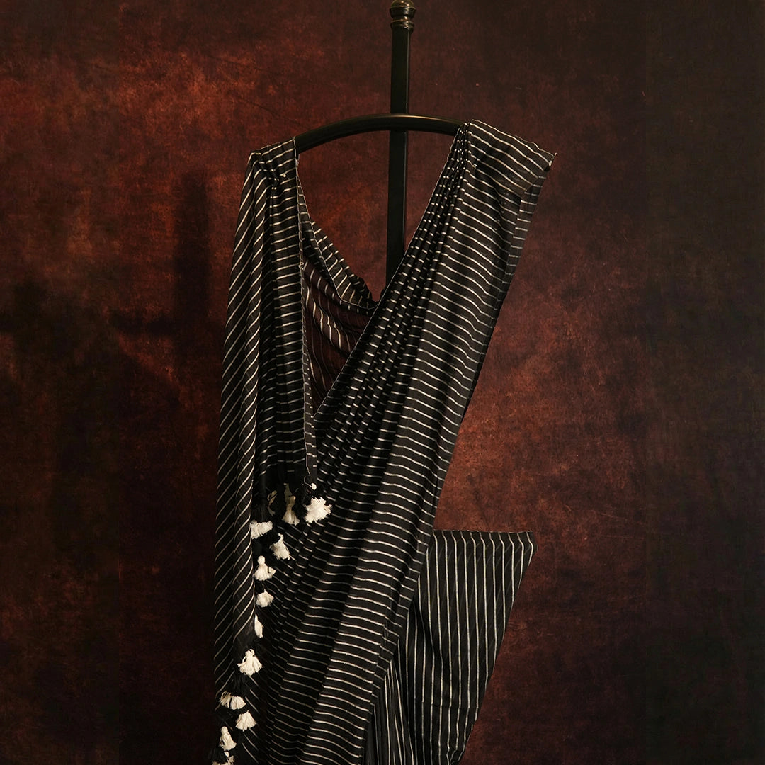 Black Striped Mul Cotton Saree Side Drape – Main Character Festive Cotton Statement Saree – Kottanz Loom Co