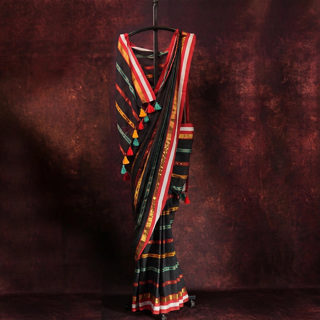 Black Striped Saree | Handcrafted Cotton Saree with Colorful Border - Kottanz Loom CoSareeKottanz Loom Co