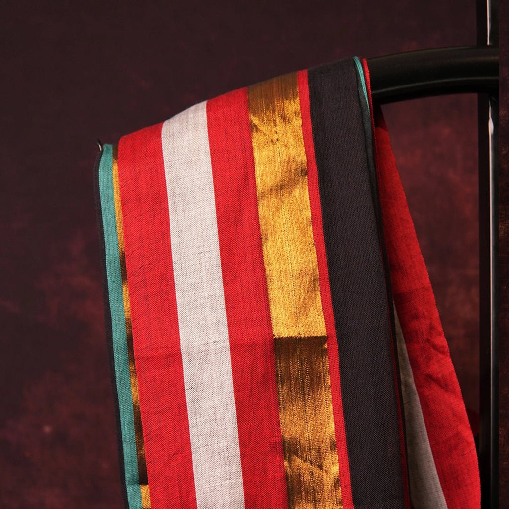 Black Striped Saree | Handcrafted Cotton Saree with Colorful Border - Kottanz Loom CoSareeKottanz Loom Co