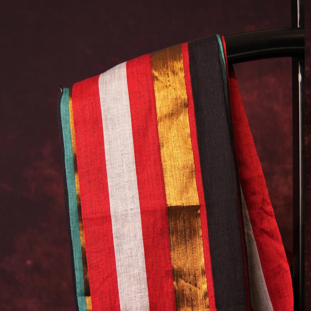 Black Striped Saree | Handcrafted Cotton Saree with Colorful Border - Kottanz Loom CoSareeKottanz Loom Co