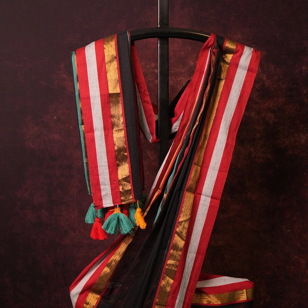 Black Striped Saree | Handcrafted Cotton Saree with Colorful Border - Kottanz Loom CoSareeKottanz Loom Co