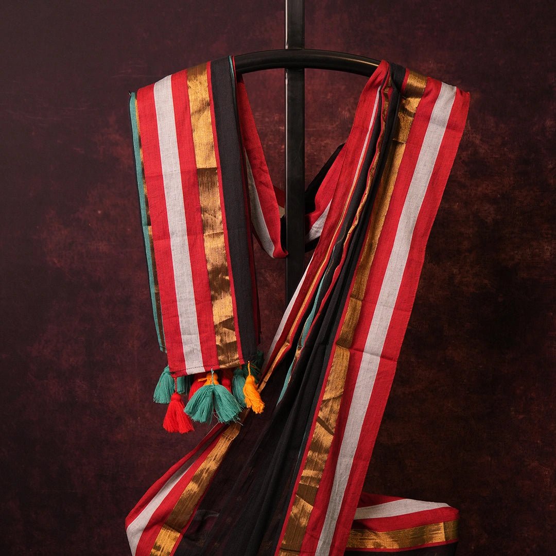 Black Striped Saree | Handcrafted Cotton Saree with Colorful Border - Kottanz Loom CoSareeKottanz Loom Co