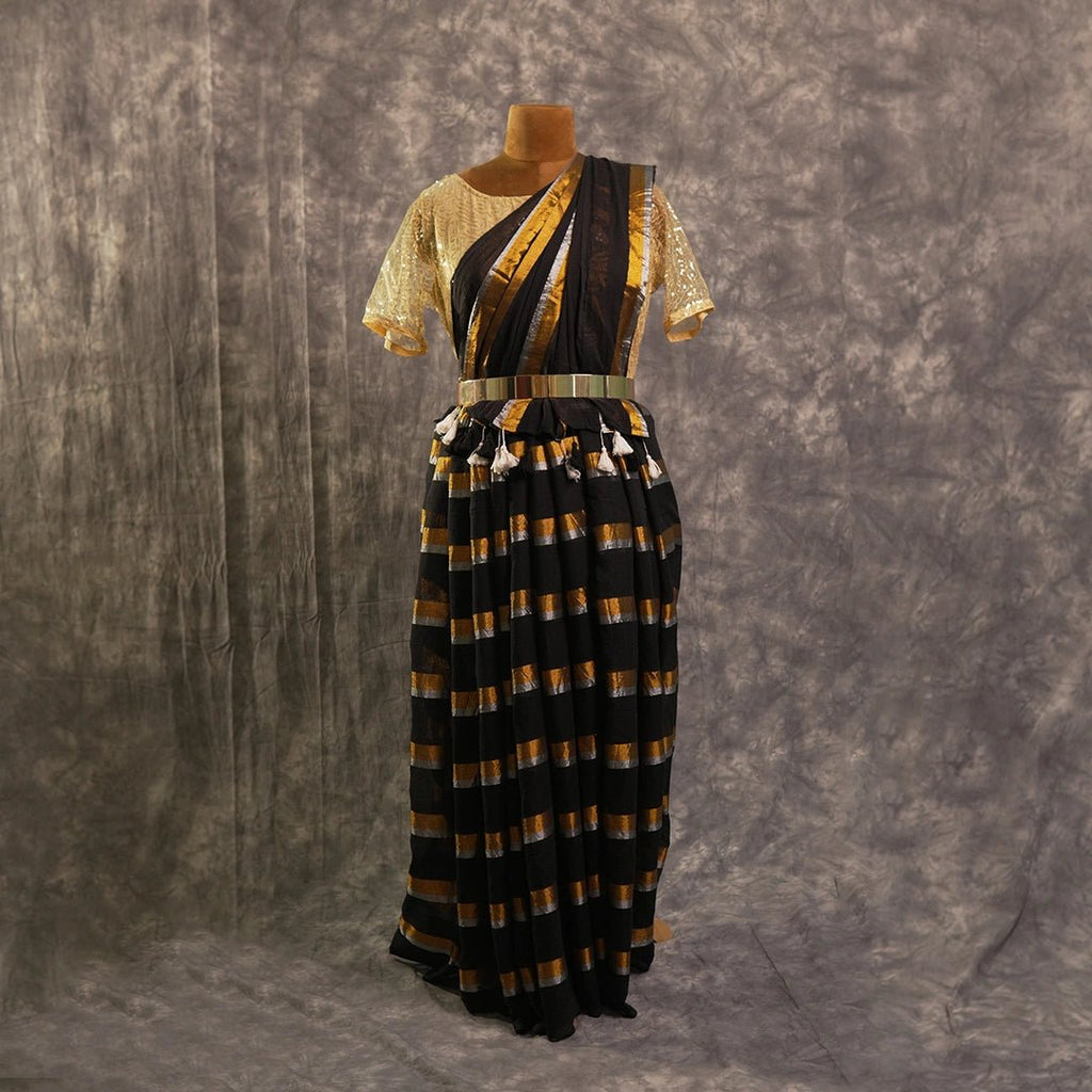 Black Zari Stripe Cotton Saree | Handwoven Festive Indian Saree - Kottanz Loom CoSareeKottanz Loom Co