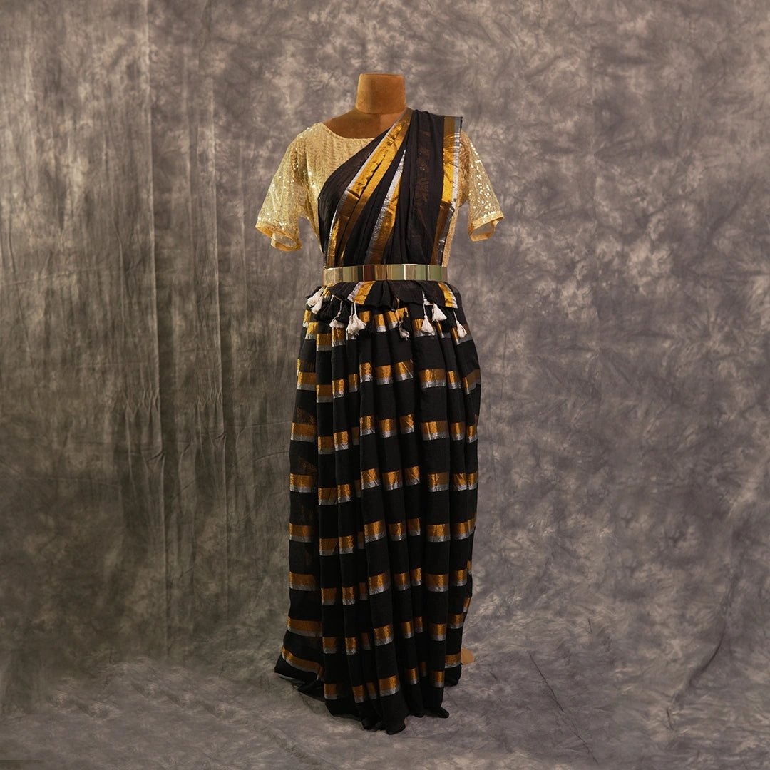 Black Zari Stripe Cotton Saree | Handwoven Festive Indian Saree - Kottanz Loom CoSareeKottanz Loom Co
