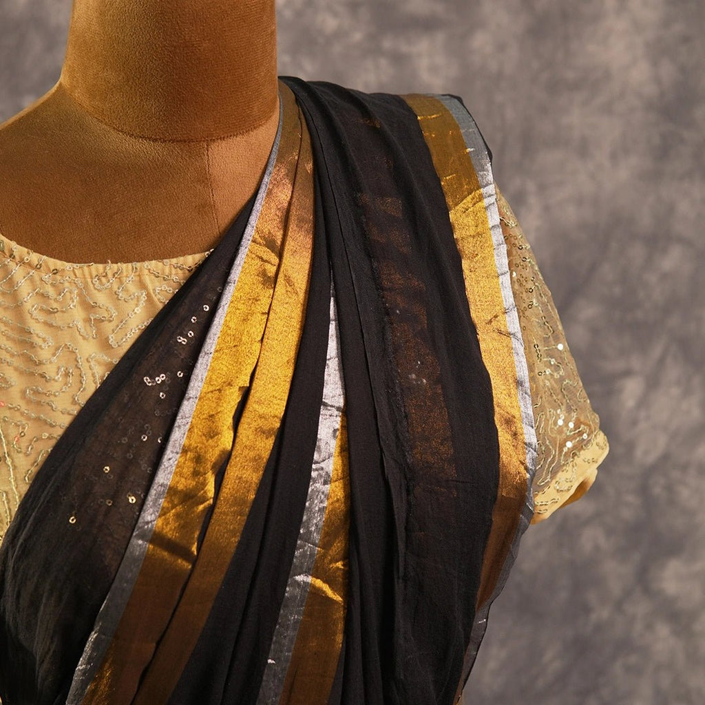 Black Zari Stripe Cotton Saree | Handwoven Festive Indian Saree - Kottanz Loom CoSareeKottanz Loom Co