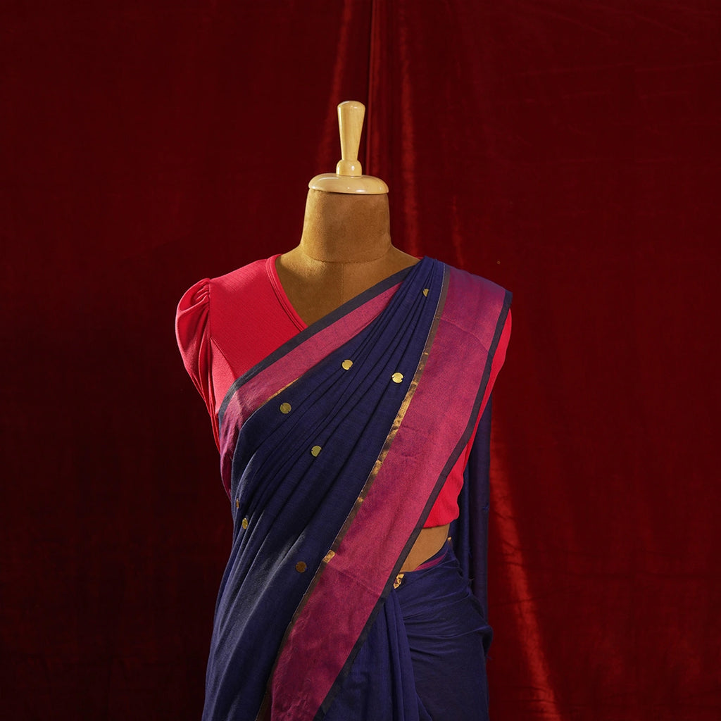 Blue Chumki Saree upper body view - Handcrafted Festive Statement Saree - Kottanz Loom Co