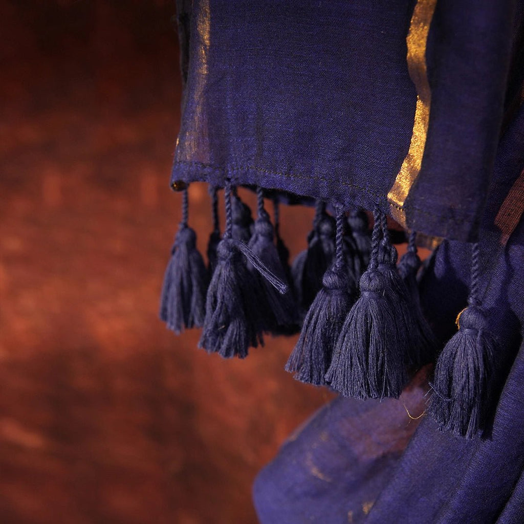 Blue Mul Cotton Saree | Handloom Soft Cotton Saree with Golden Border - Kottanz Loom CoSareeKottanz Loom Co