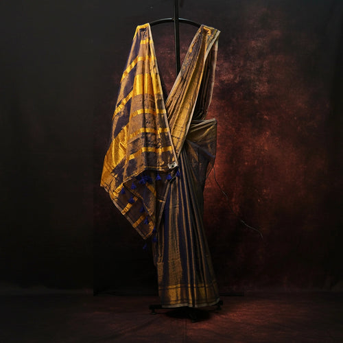 Full-length view of Blue Raga Handwoven Tissue Saree showing embellished pallu and tassel detailing