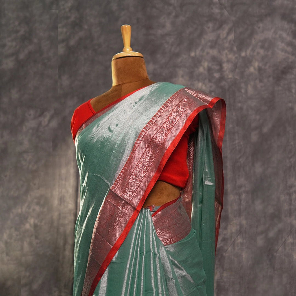 Blue Red Accent Cotton Saree | Handwoven Festive Indian Saree - Kottanz Loom CoSareeKottanz Loom Co