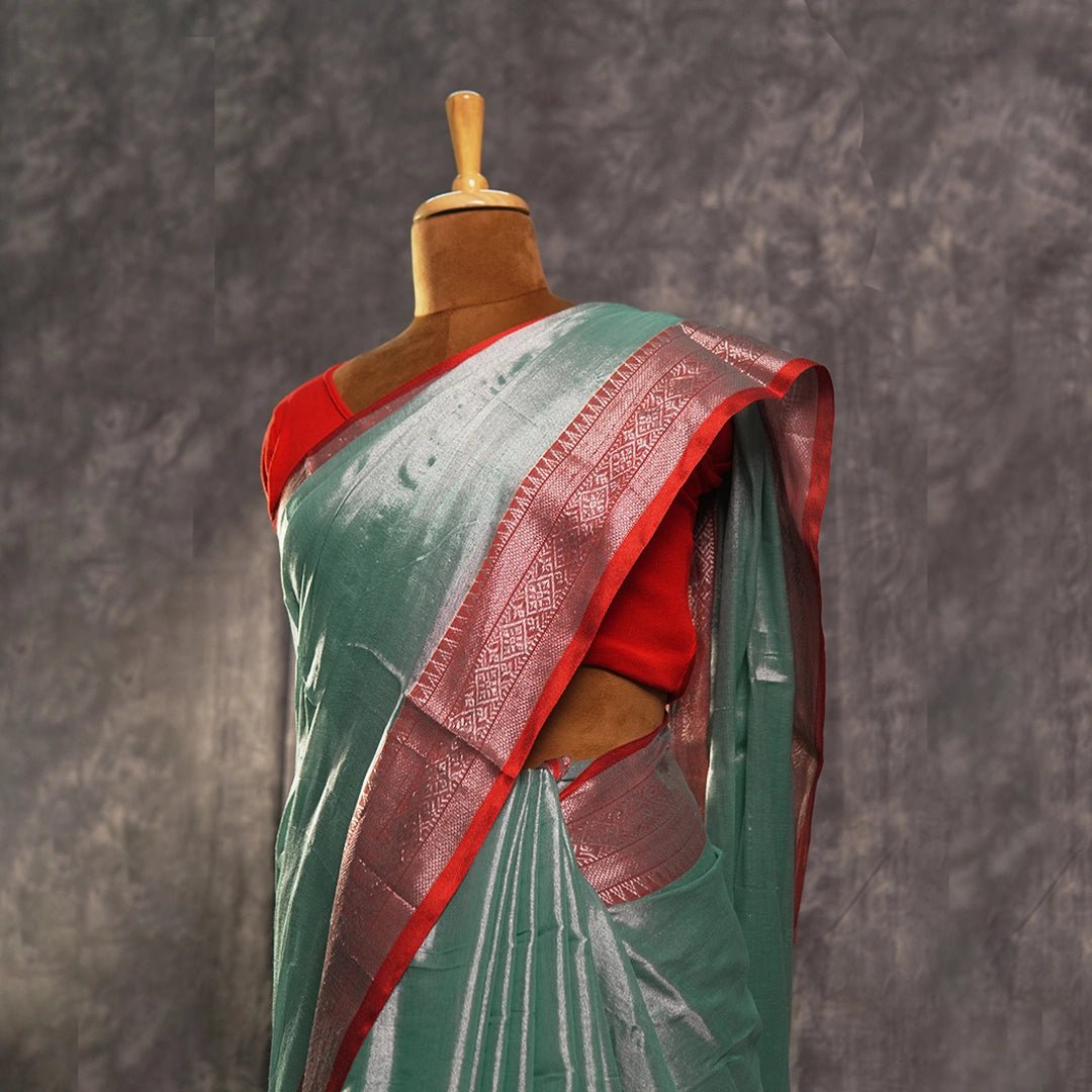 Blue Red Accent Cotton Saree | Handwoven Festive Indian Saree - Kottanz Loom CoSareeKottanz Loom Co