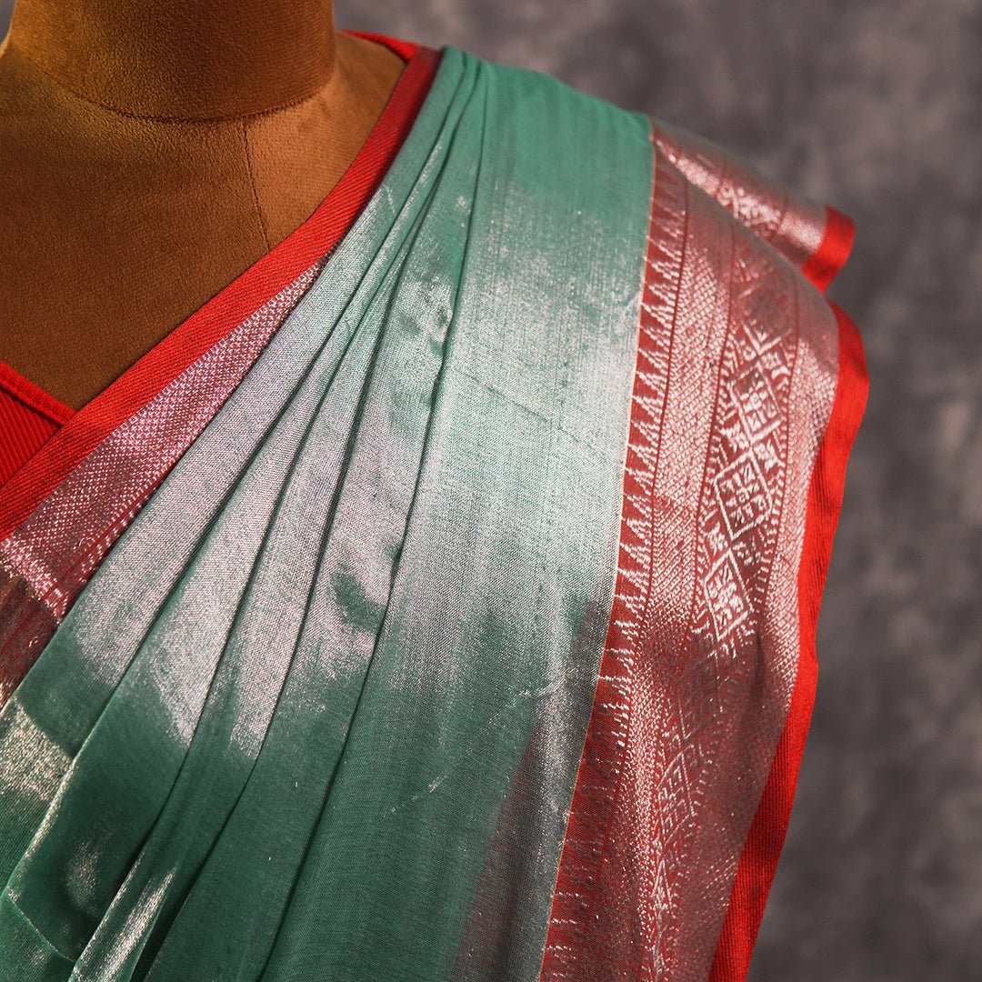 Blue Red Accent Cotton Saree | Handwoven Festive Indian Saree - Kottanz Loom CoSareeKottanz Loom Co