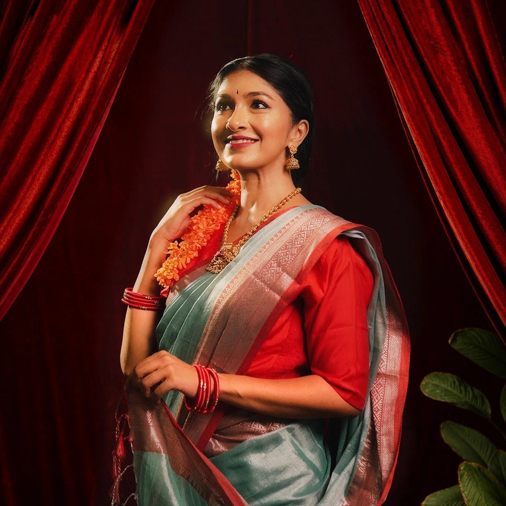 Blue Red Accent Cotton Saree | Handwoven Festive Indian Saree - Kottanz Loom CoSareeKottanz Loom Co