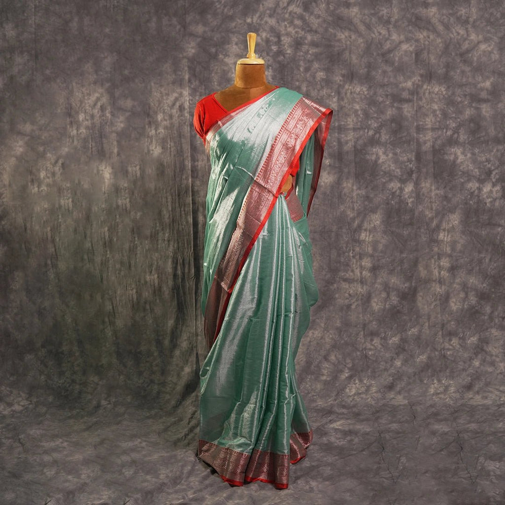 Blue Red Accent Cotton Saree | Handwoven Festive Indian Saree - Kottanz Loom CoSareeKottanz Loom Co