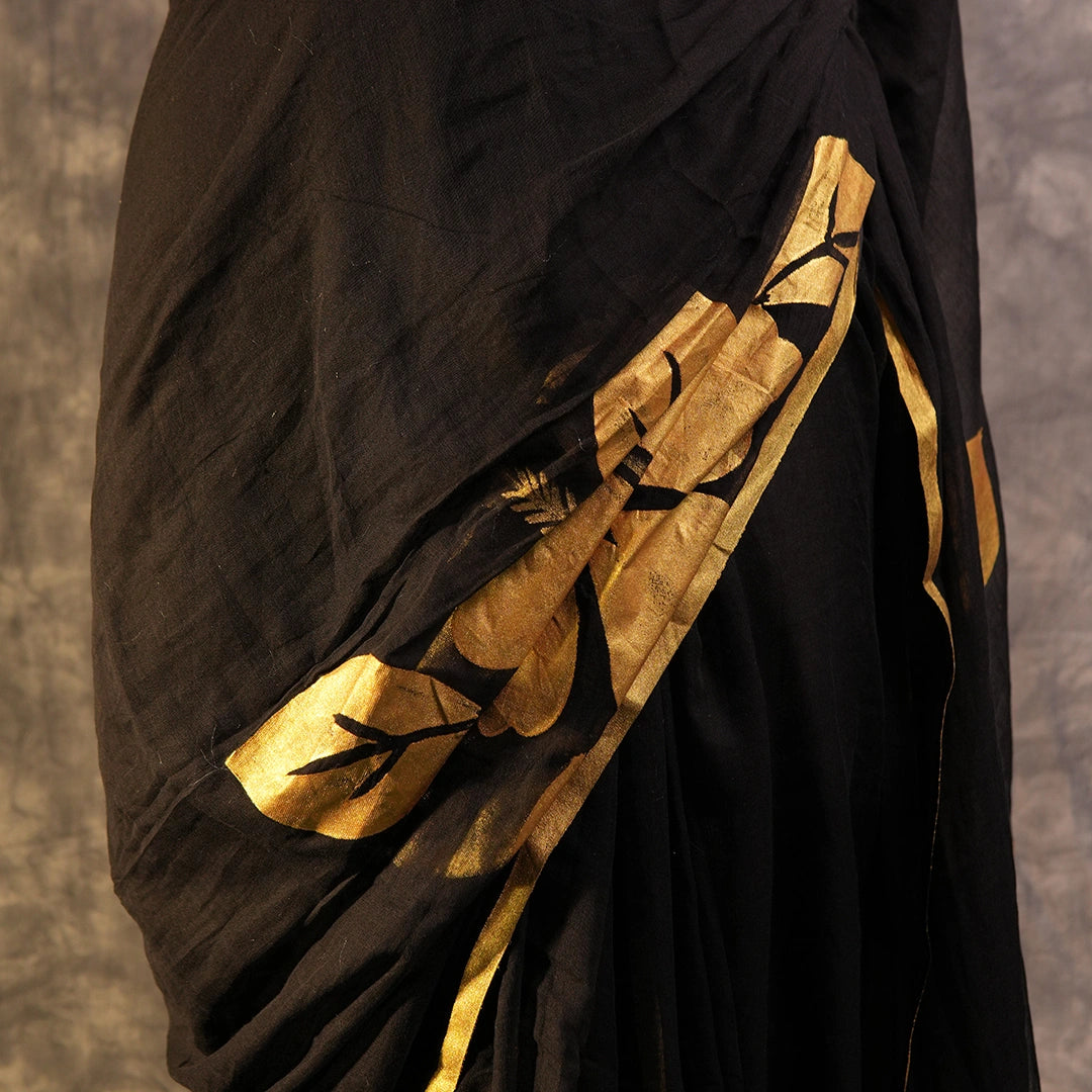 Black Golden Floral Saree | Designer Hand-Painted Botanical Saree