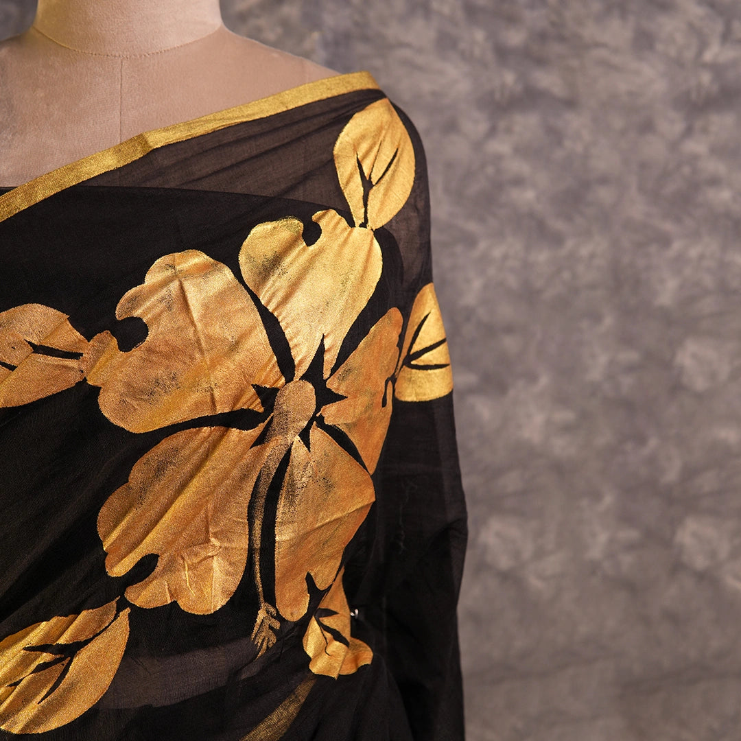 Black Golden Floral Saree | Designer Hand-Painted Botanical Saree