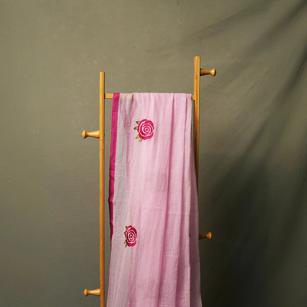 Baby Pink Rose Embroidery Saree – Elegant Festive Party Wear