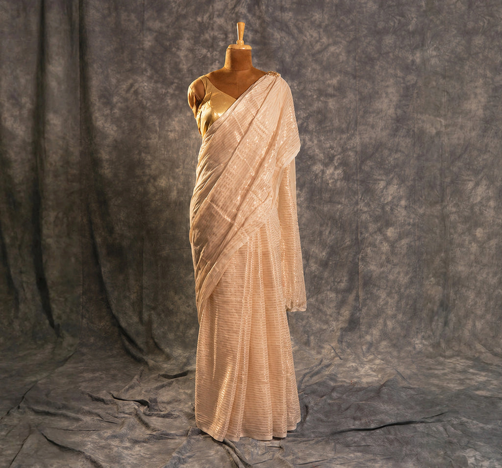 Soft Gold Shimmer Saree Set – Elegant Festive Party Wear
