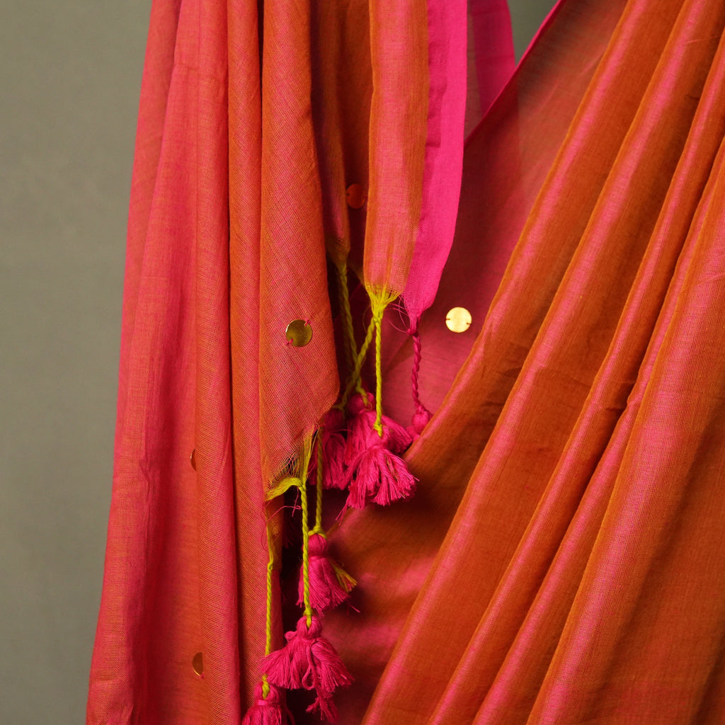 Coral Pink Saree Pallu with Mirror Work Detail – Cocktail & Statement Saree – Kottanz Loom Co