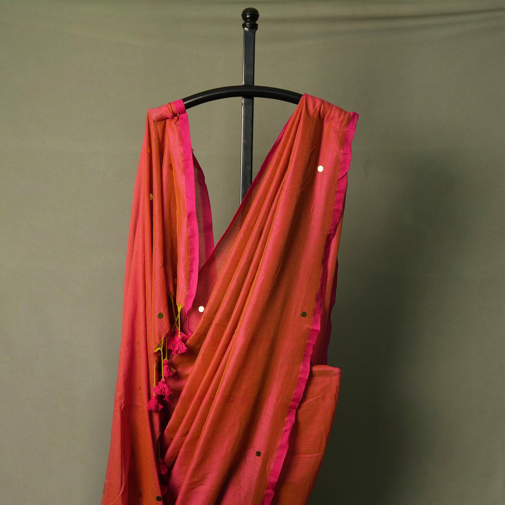 Coral Pink Saree with Mirror Work – Handcrafted Ethnic Wear - Kottanz Loom CoSareeKottanzloom