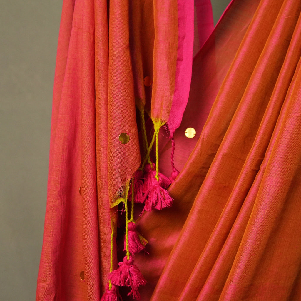Coral Pink Saree with Mirror Work – Handcrafted Ethnic Wear - Kottanz Loom CoSareeKottanzloom