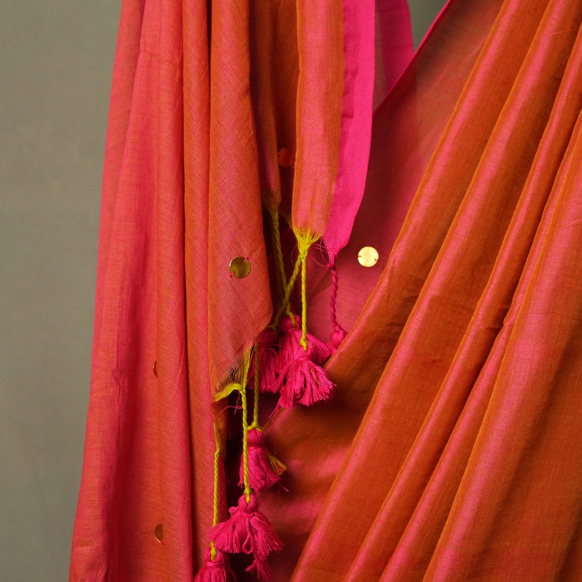 Coral Pink Saree with Mirror Work – Handcrafted Ethnic Wear - Kottanz Loom CoSareeKottanzloom