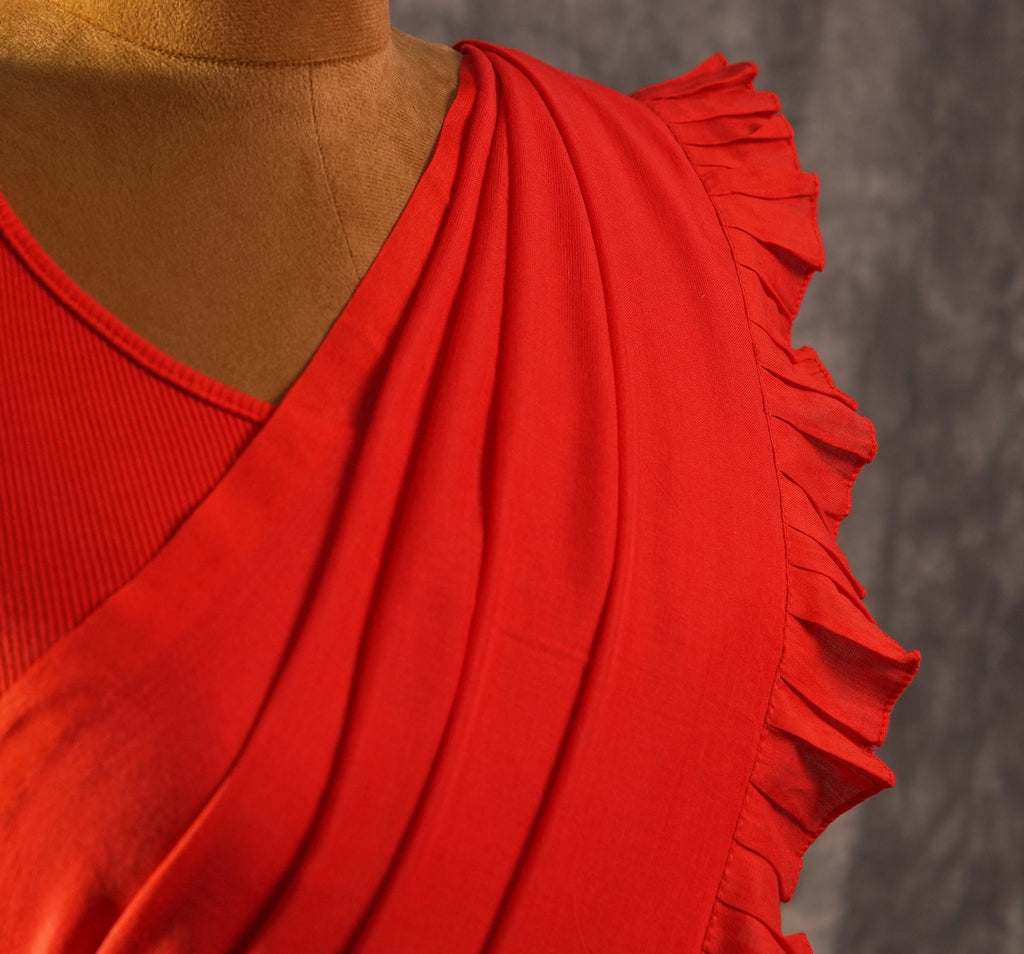 Crimson Ruffle Drape Saree Set – Designer Wedding Party Wear - Kottanz Loom CoSareeKottanz Loom Co